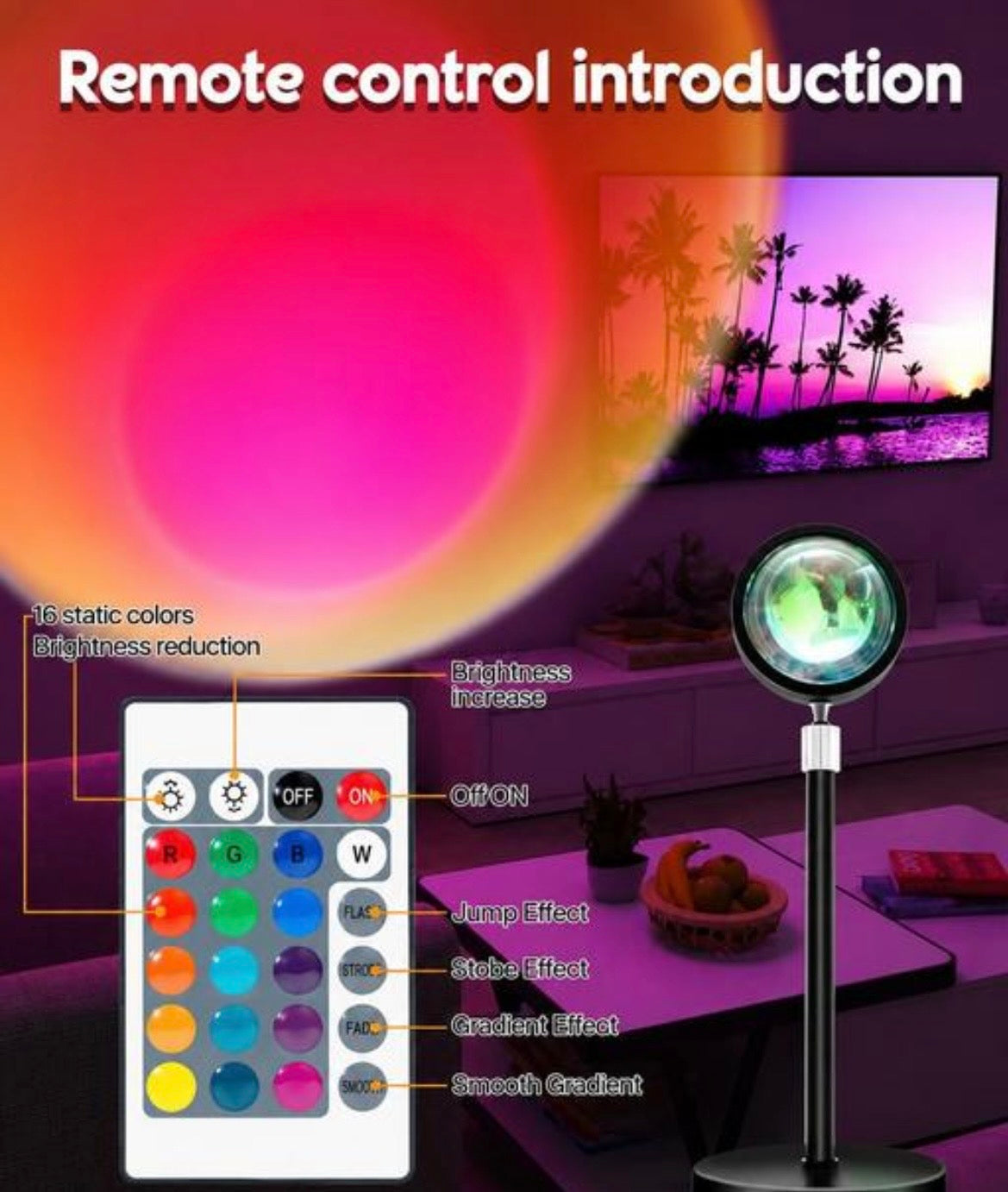 RGB Sunset Projection Lamp with Remote | 16 Colors LED Mood Light